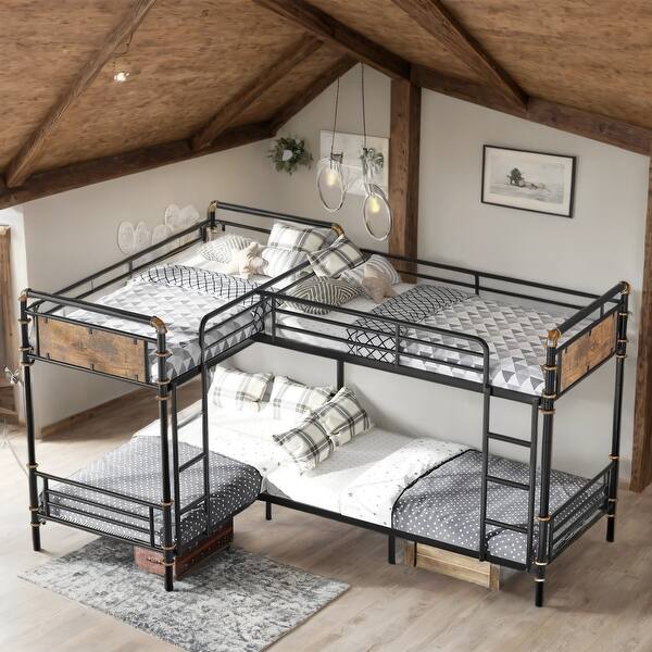 slide 2 of 14, Black Detachable Triple Metal Twin Bunk Bed for 4 Kids for Bedroom Black
