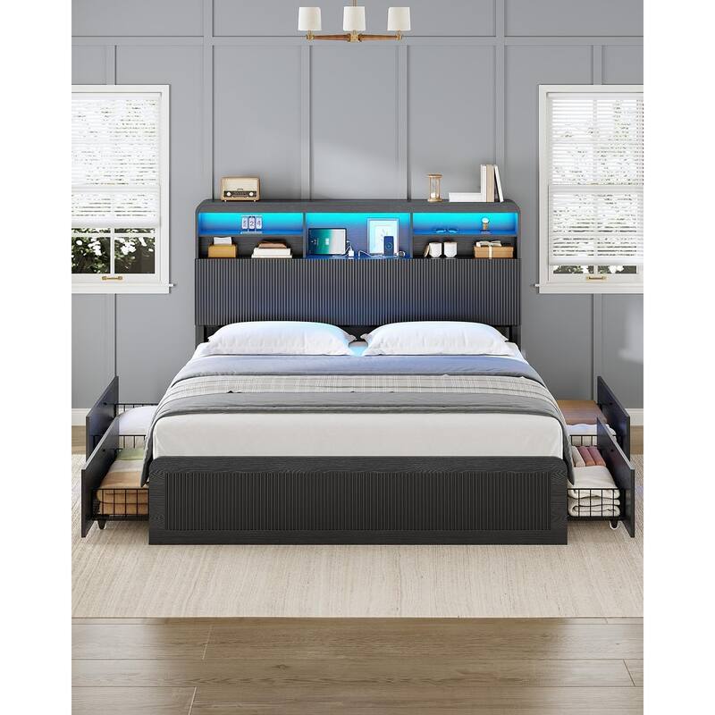 Bed Frame with 4 Storage Drawers and Hidden Storage Headboard Charging Station