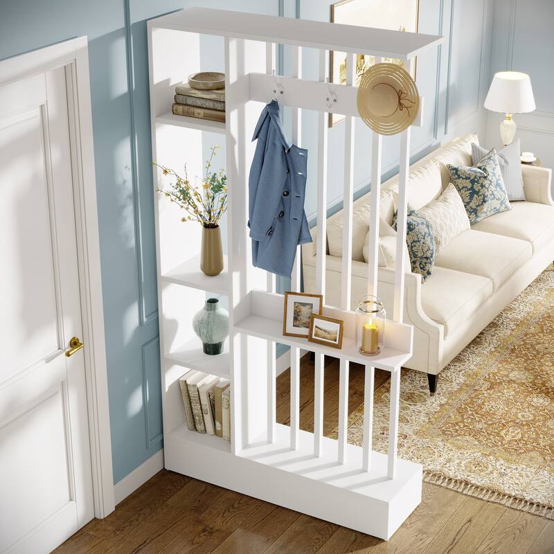 71" Wall Room Divider with Shelves & Coat Hooks