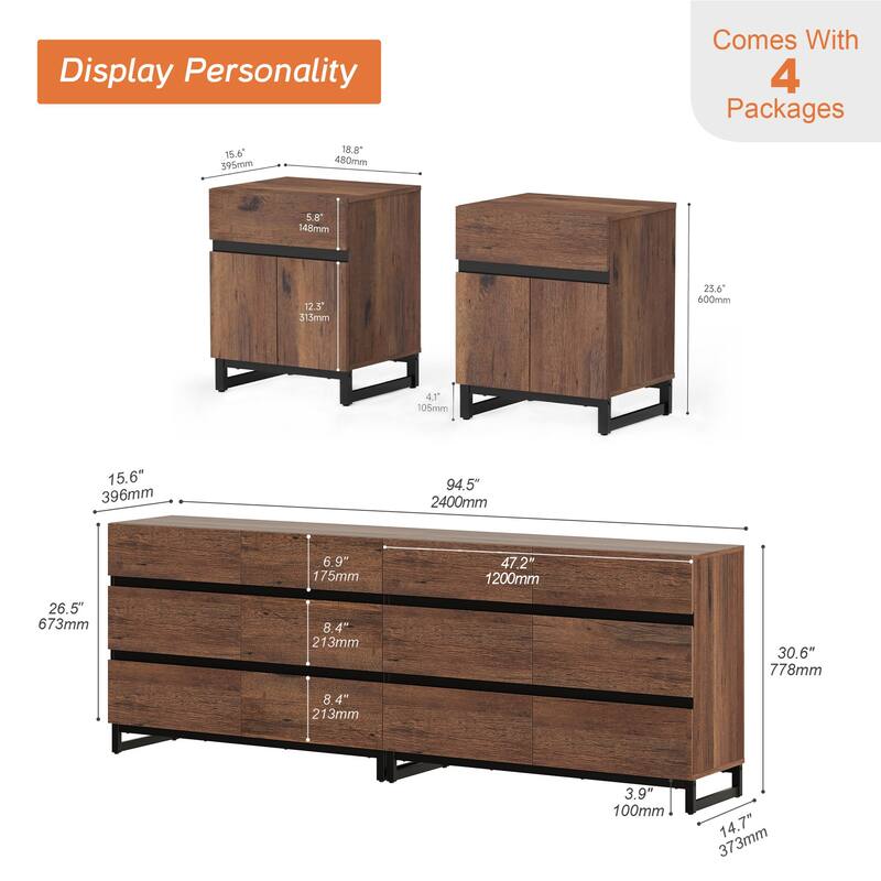 3-Piece Dresser And Nightstand Set,Dresser With 12 Drawers, 2 Nightstand for Bedroom, Bedroom Furniture Set