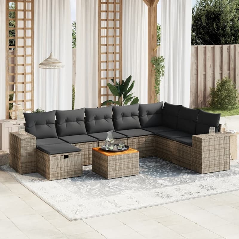 vidaXL Patio Sofa Set with Cushions Outdoor Furniture 9 Piece Poly Rattan - Gray - 24.4 x 32.7 x 27.2 in