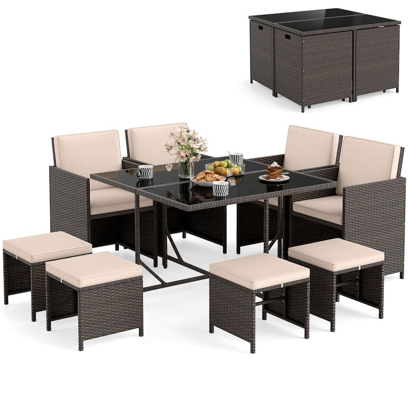 Costway 9 PCS Patio Dining Set with Tempered Glass Table & Ottoman - See Details