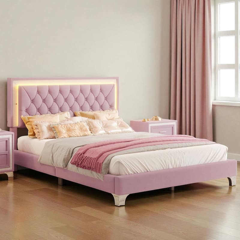 Queen Size Velvet Upholstered Bed Frame with LED Lights, Modern Tufted Headboard Platform Bed with Slats