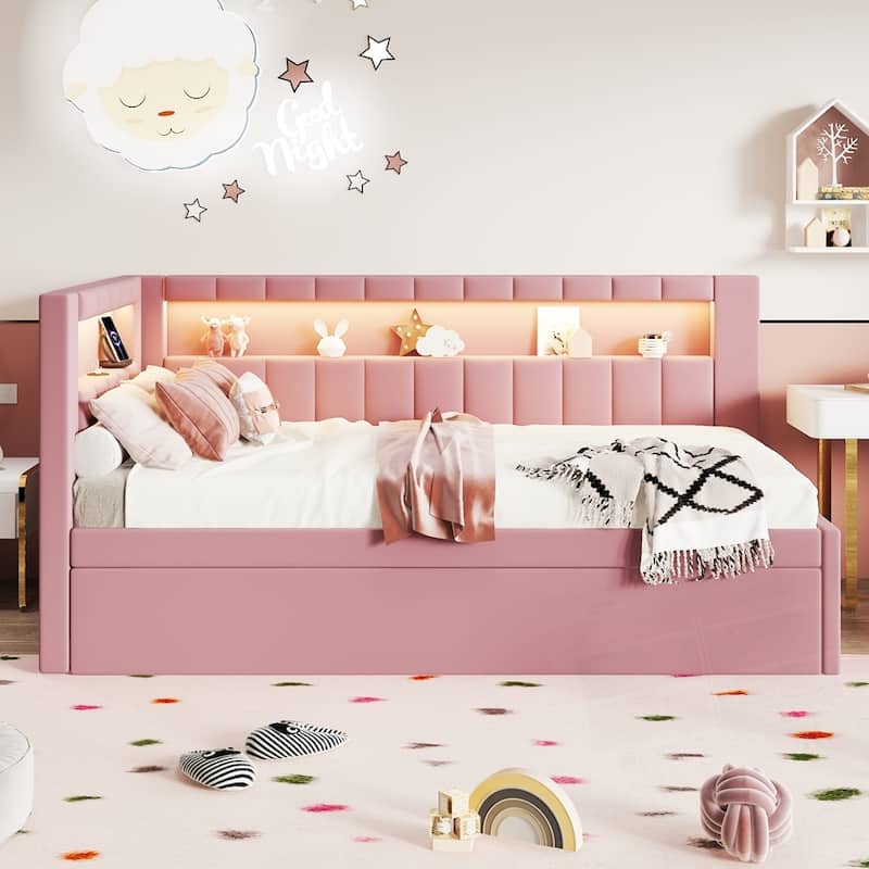 Upholstered Platform Bed with USB Ports and LED Belt With Trundle