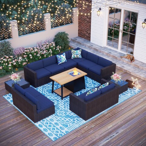 Outdoor Wicker 13-Piece Conversation set Sectional Sofa Set with Fire Pit Table