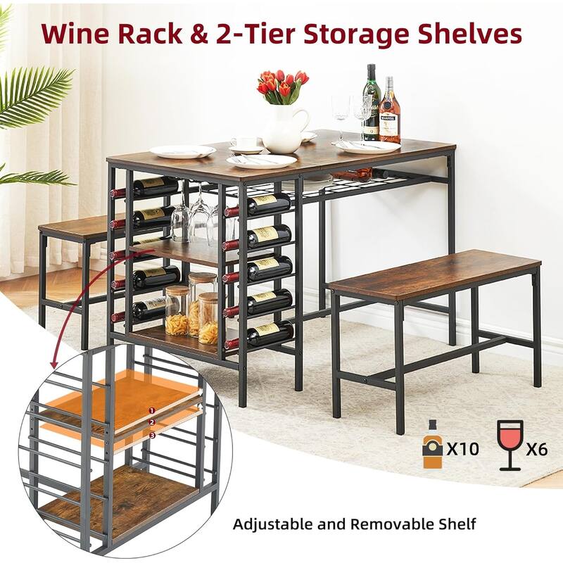 Dining Table Set with 2 Benches and Storage Shelf, Rectangular Table for Small Dining Area or Apartment