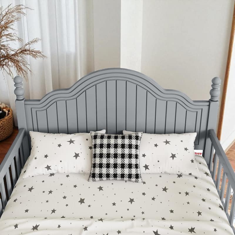 Twin/Full Size Wooden Kids Bed with Headboard, Footboard, Guardrails and Storage, Platform Bed Frame