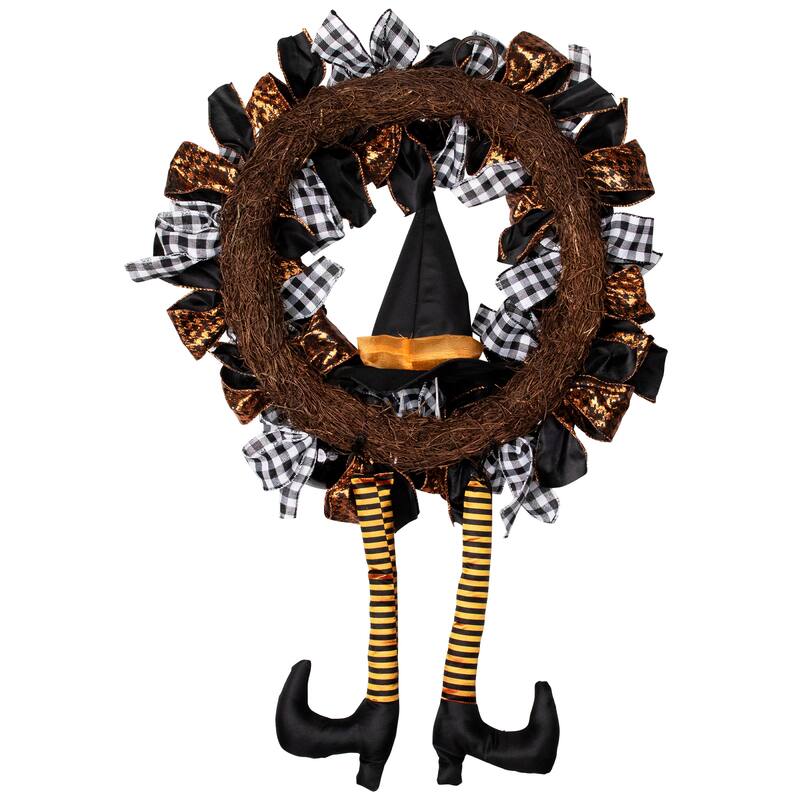 Witch with Bows and Ornaments Halloween Wreath - 24" - Orange and Black - Unlit