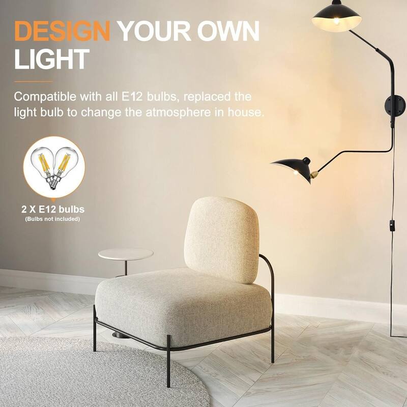 Modern Swing Arm Wall Sconce Plug in 2-Lights Black Wall Lights