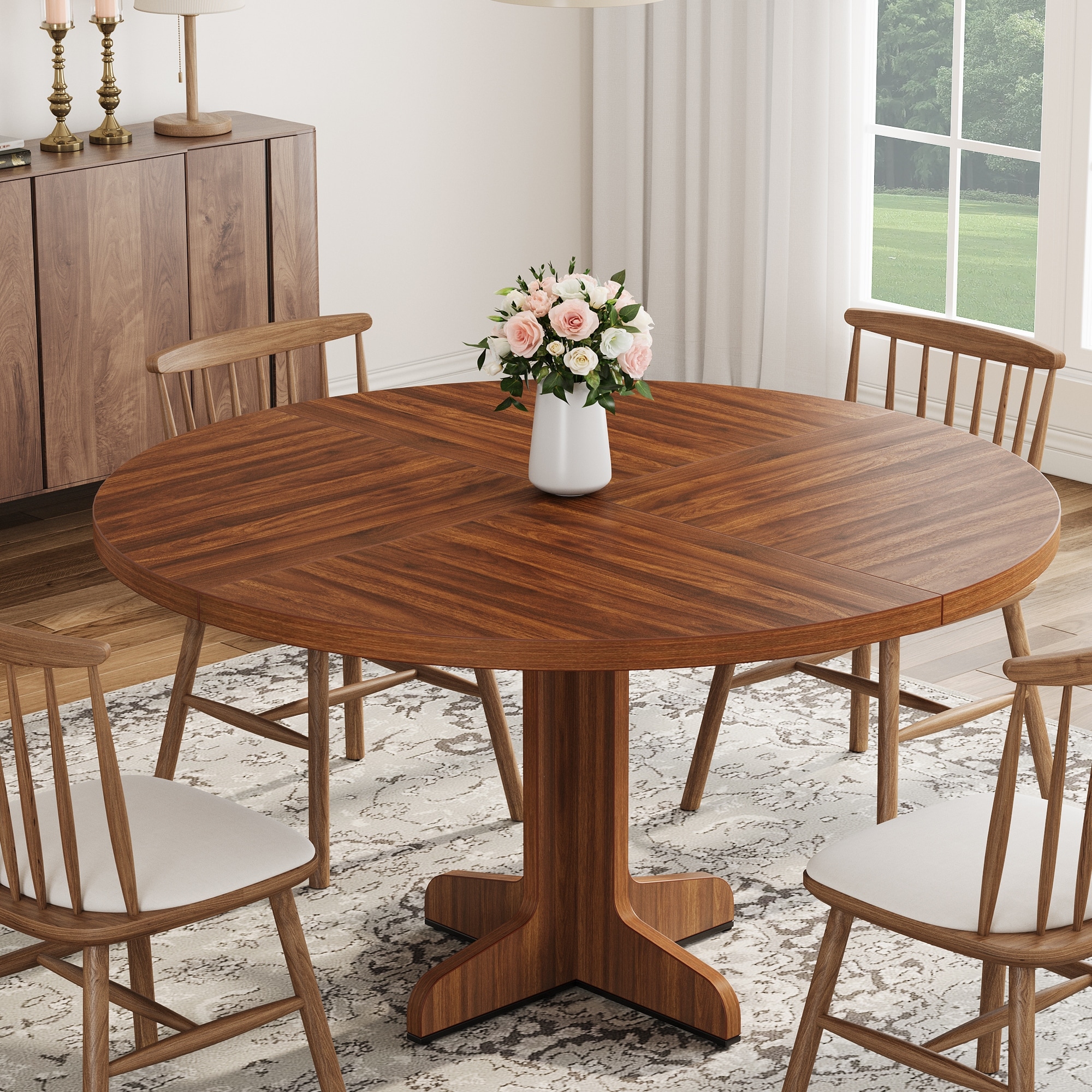 Round Dining Table for 4, 47 Inch Farmhouse Circle Kitchen Table with Wood Tabletop and Stable Base, for Home Dining
