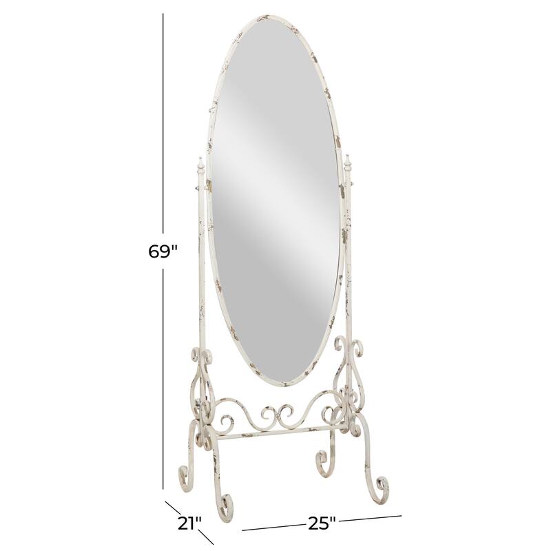 White Metal Oval Scroll Room Floor Mirror with Stand