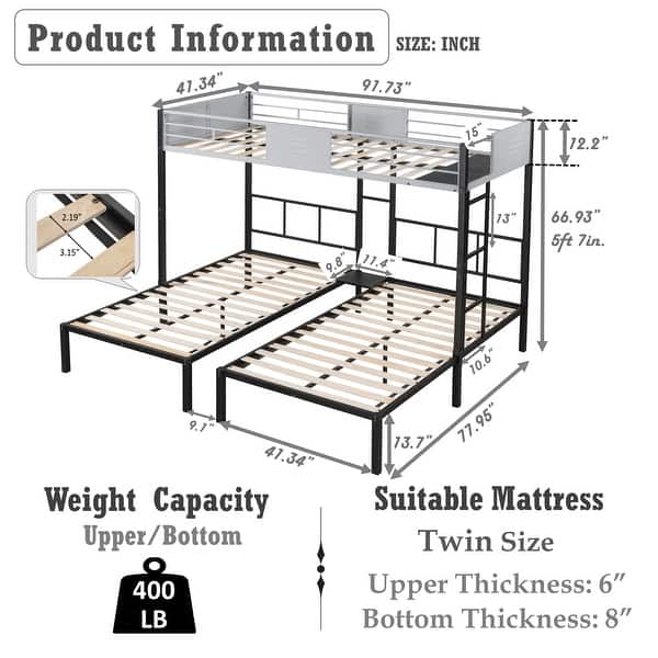 Black Twin Size Steel Triple Bunk Bed with Vent Board, Sturdy Metal Frame, Noise-Free Wood Slats, Separatable into three beds