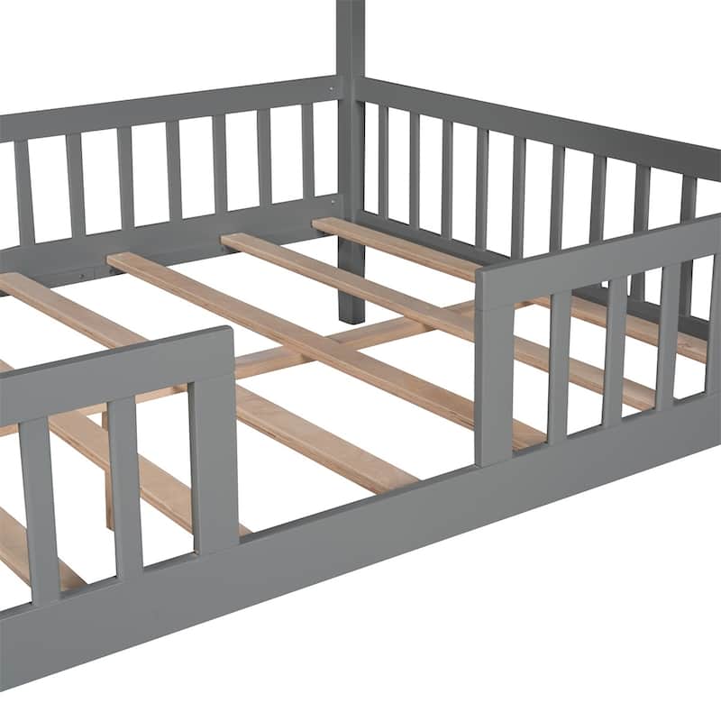 Merax Twin/Full Size Wood House Bed with Fence