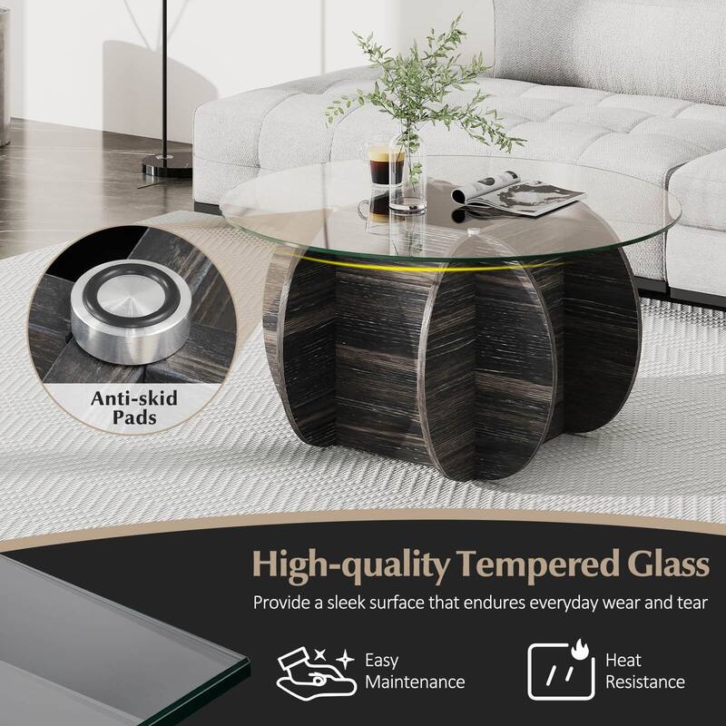 Costway 35" Round Coffee Table Modern Accent Table with Tempered Glass - Dark Rustic Oak - See Details
