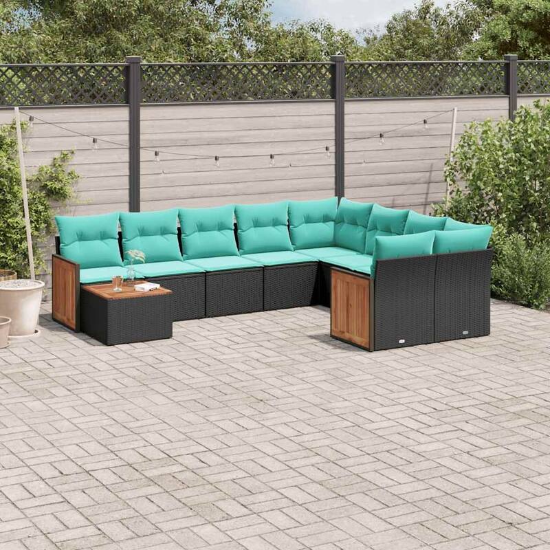 vidaXL 10 Piece Patio Sofa Set with Cushions Black Poly Rattan - 24.4 x 24.4 x 27.2