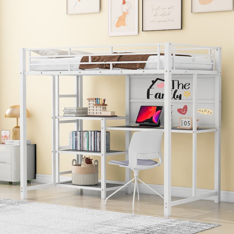 Twin Size Metal Loft Bed with Desk, Whiteboard, and Shelves - White