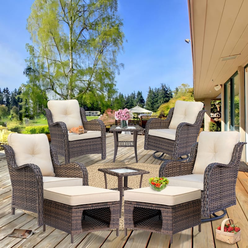 Brown Wicker Outdoor Patio Furniture Seating Sets with Beige Cushions - 8 Pieces - Beige