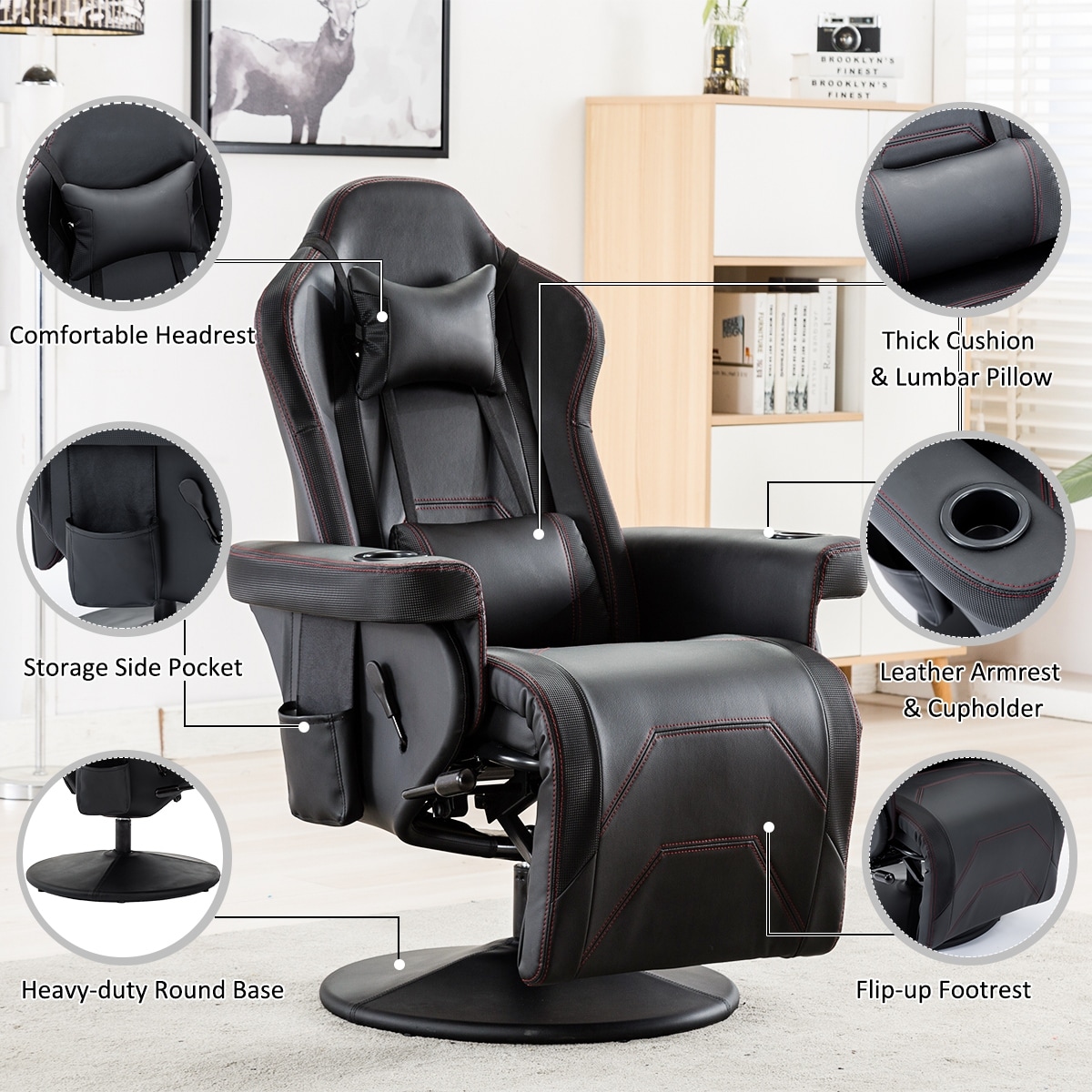 Leather PC Gaming Chair Adjustable Neck Pillow and Heart Shaped Lumbar  Support Cushion Office Chair with Nylon Base & Casters - Bed Bath & Beyond  - 36182614