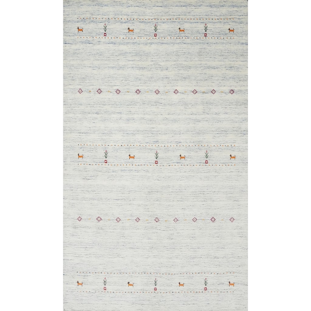 Hand Knotted Oriental 100% Wool Carpet Tribal Animal Pictorial Beige & Ivories Gabbeh Area Rug - 7' 9'' X 4' 11''