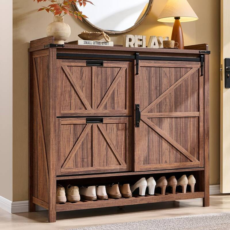 Farmhouse Shoe Storage Cabinet, Shoe Organizer, Shoe Rack Cabinet - Rustic Walnut