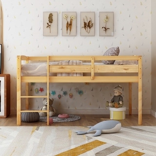 Twin Size Low Loft Bed with Ladder & Guardrails, Wooden Twin Bed Frame