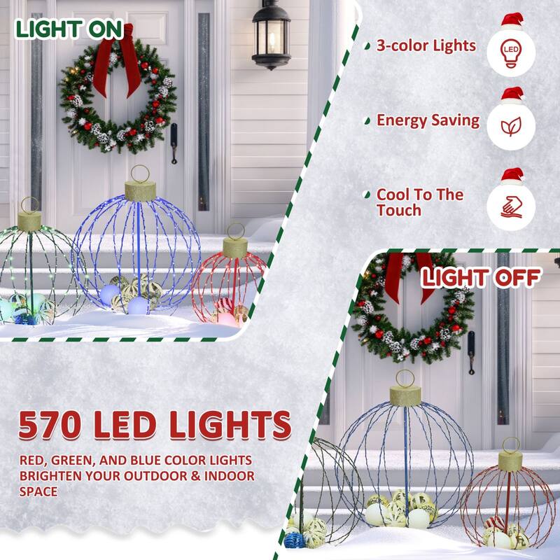 VEIKOUS Set of 3 Lighted Christmas Ornaments, 570 LED Outdoor/Indoor Holiday Decor with Multi-Color Lights