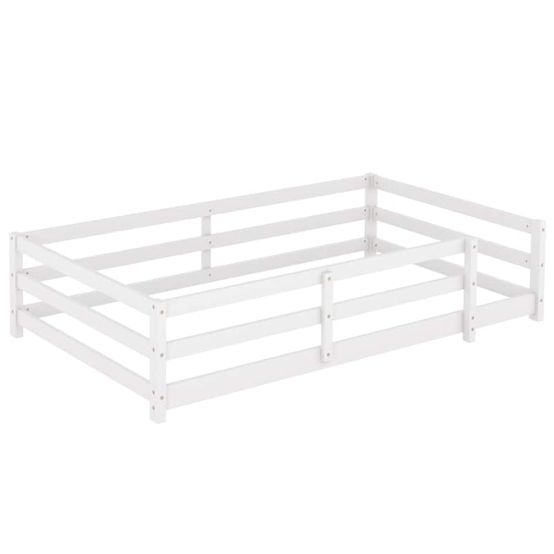 Toddler Montessori Bed Kids Floor Bed Frame with Fences, No Slats Wood Frame Bed for Kids Girls Boys Children's Room