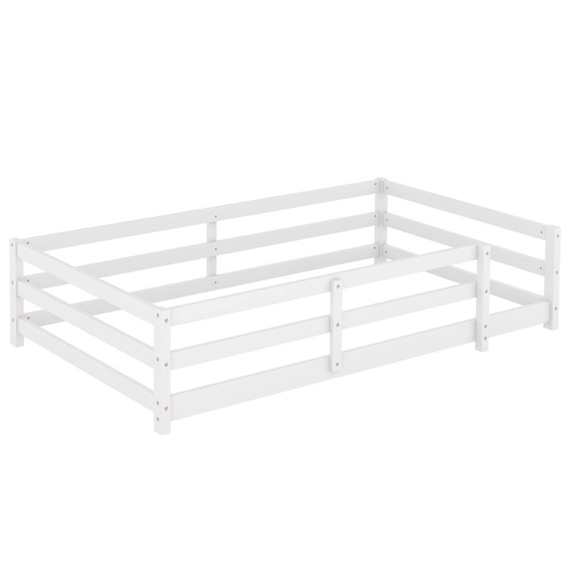 Twin Size Floor Bed with Fence, Pine Wood Montessori Bed for Kids, Easy Assembly, White
