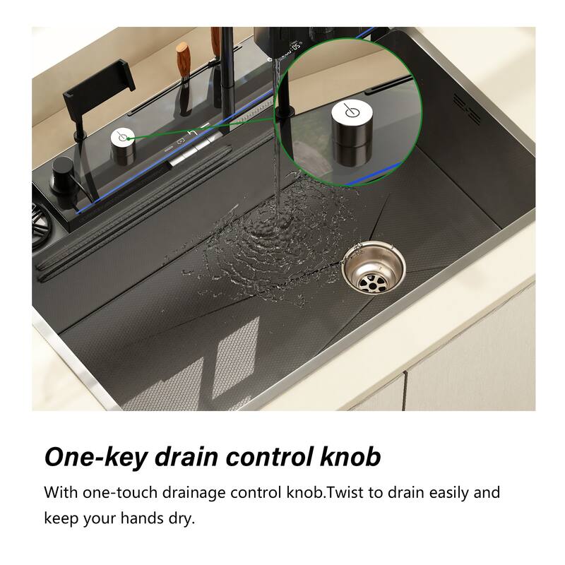 29.4 Inch Smart Kitchen Sink Workstation with LED Display, Multi-Function Faucet, Cutting Board & Drain Control