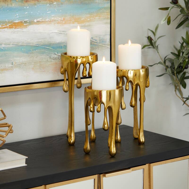 Melting Dripping Wax Metal Contemporary Candle Holders - S/3 12", 10", 8"H - Gold