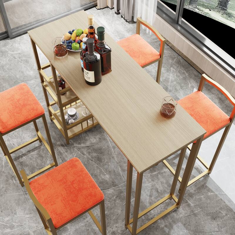 5-Piece Bar Table Set with 4 Gold Stools & Storage Shelf
