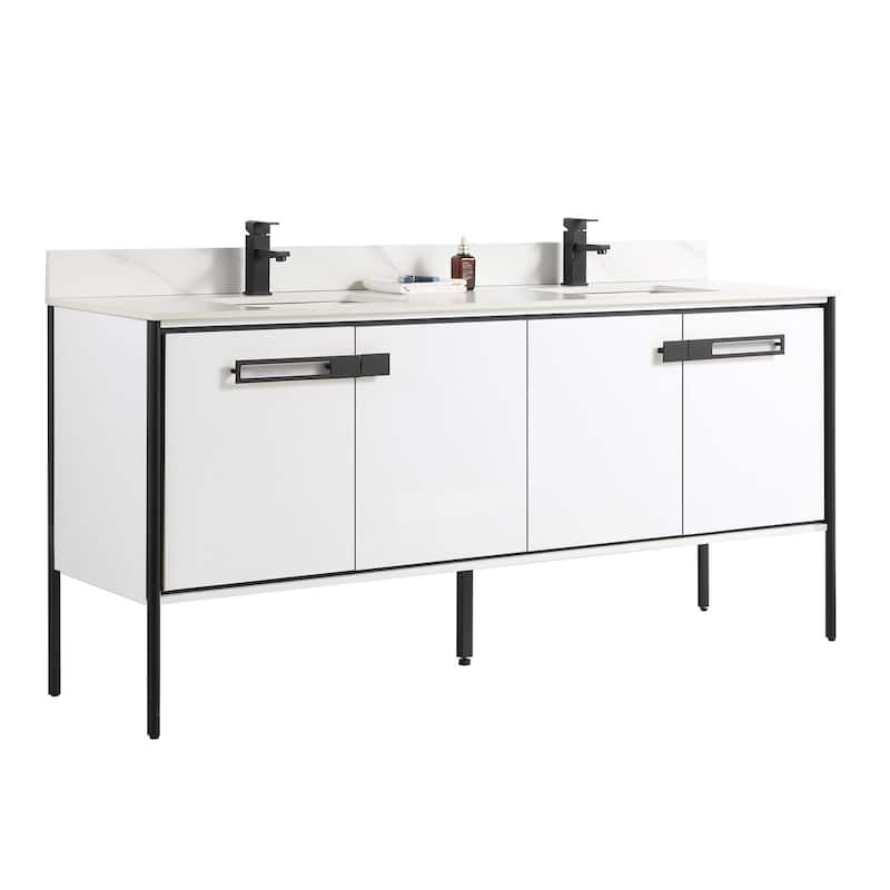 Fine Fixtures Oakville Bathroom Vanity with White Ceramic Sink - 72 Inch - White Matte - Black Hardware