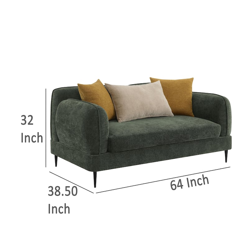 Dija Loveseat, 3 Accent Throw Pillows, 64 Inch, Dark Green Chenille