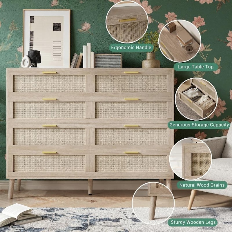 8 Drawer Rattan Dresser, with Handles