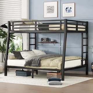 Full XL over Queen Size Metal Bunk Bed with Space-Saving Design and Ladder for Teens