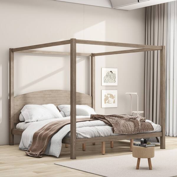slide 2 of 11, King Size Canopy Platform Kids Bed Frame with Headboard & Support Legs, Safety Guaranteed, Easy to Assemble, Brown Wash Brown Wash