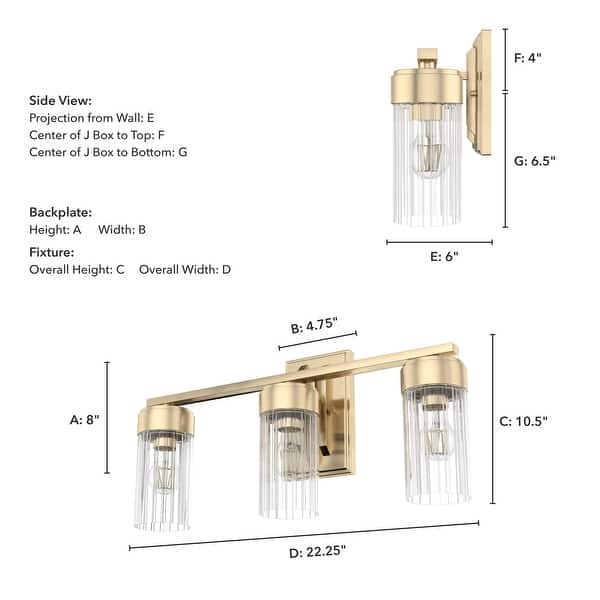 dimension image slide 7 of 8, Hunter Gatz Ribbed Glass Vanity Wall Light - Bathroom - Glam, Fluted Glass - Damp Rated!