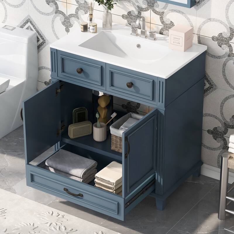 30'' Bathroom Vanity With Ceramic Sink,Solid Wood Frame Bathroom Storage Cabinet With Soft Closing Doors