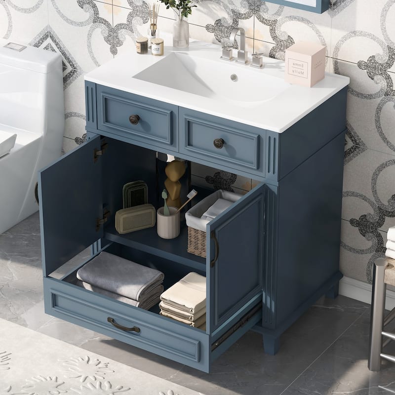 30'' Bathroom Vanity with Ceramic Sink,Solid Wood Frame Bathroom Storage Cabinet with Soft Closing Doors,Retro Style, Blue - Blue