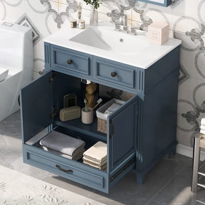 30'' Bathroom Vanity with Ceramic Sink,Solid Wood Frame Bathroom Storage Cabinet with Soft Closing Doors,Retro Style, Blue