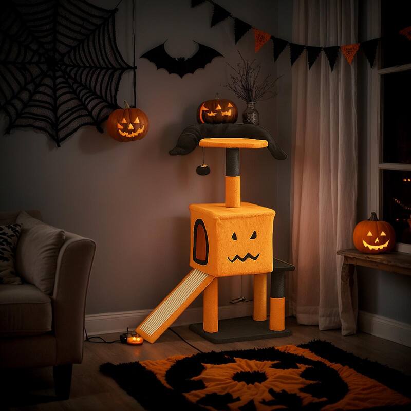 39" Halloween Cat Tree with Condo, Sisal Scratching Posts & Toys - 25.2" L × 12.0" W × 39.0" H