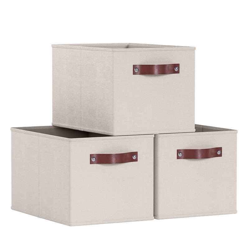 3 Pack Collapsible Shelf Basket Rectangle Storage Bins with Faux Leather Handles