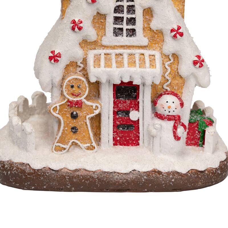 Snowy Gingerbread Peppermint House with Snowman Christmas Decoration - 11"