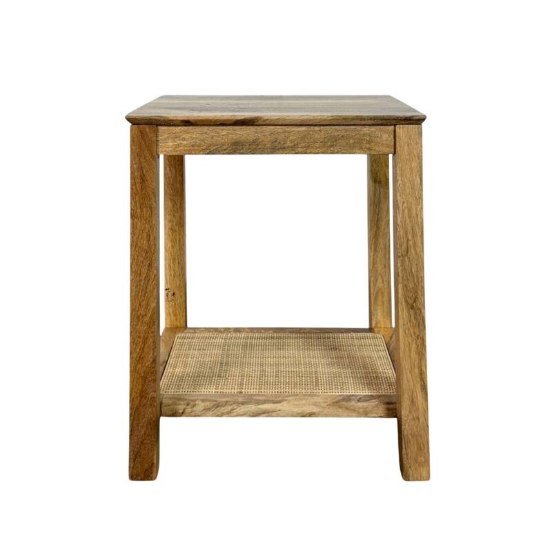 Haven 22″ Accent Table with Handwoven 1 Cane Shelf – Elegant Blonde Acacia Square Top Wooden Side Table - Blonde Acacia