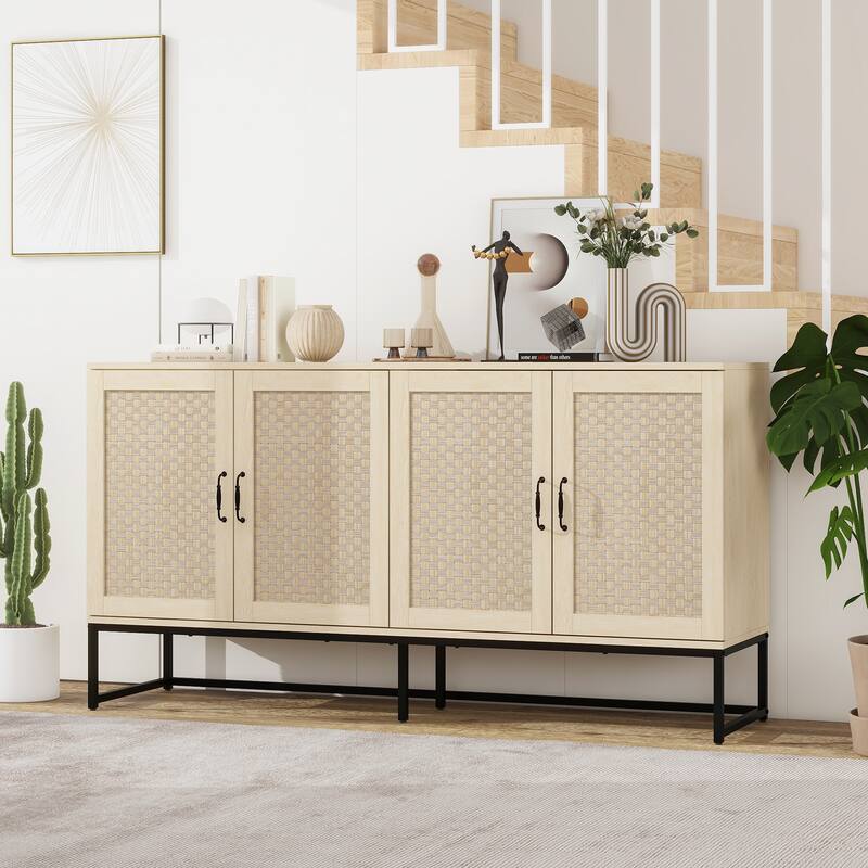 Engineered Rattan Buffet Accent Storage Cabinet 4-Door Sideboard with Adjustable Shelf, Cupboard Console Table Hallway Cabinet - Natural