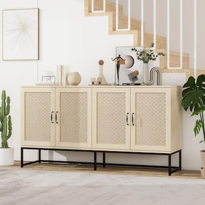 Engineered Rattan Buffet Accent Storage Cabinet 4-Door Sideboard with Adjustable Shelf, Cupboard Console Table Hallway Cabinet