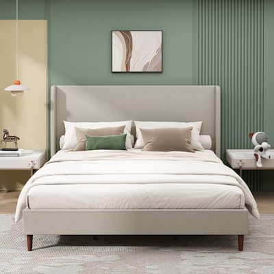 High Headboard Upholstered Bed, King Size Bed Frame, 12-Slat Support, Easy to Assemble, Beige, Linen Cloth, No Box Spring Needed