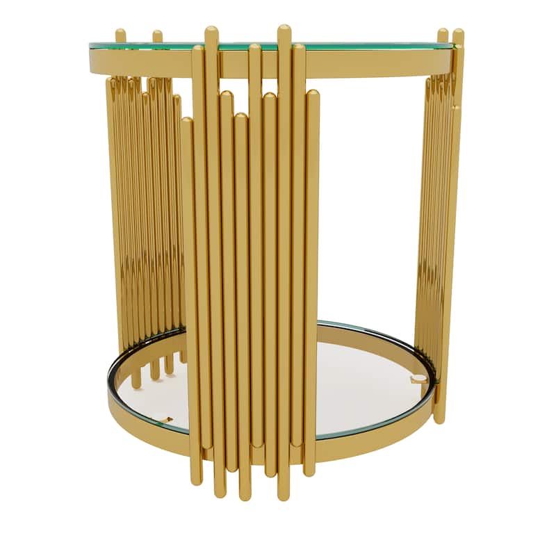 19.8" Modern Transparent Glass End Table for Living Room, Round, Asymmetrical Metal, Gold Finish & Lower Shelf