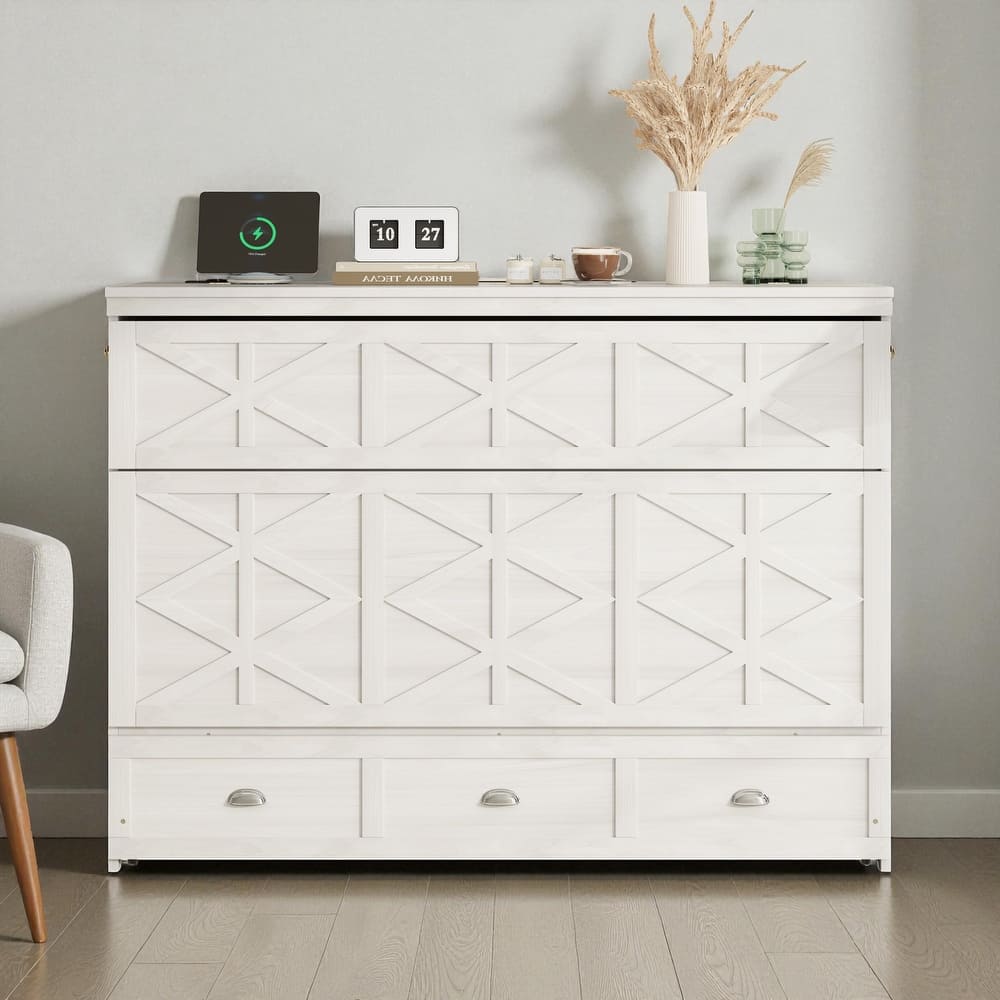 Queen Size Murphy Bed with USB Ports and Large Storage Drawers, Space-Saving Wall Bed Cabinet, Modern Brushed Finish