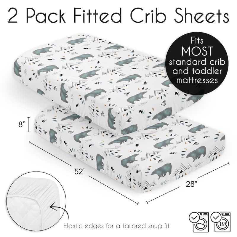 Sweet Jojo Designs Bear Mountain Slate Blue Boy 2 Pack Fitted Crib Sheets Black and White Watercolor Woodland Forest Animal